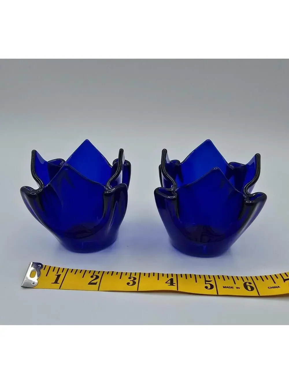 PartyLite Cobalt Blue Art Glass Tulip Votive Candle Holders Set of 2